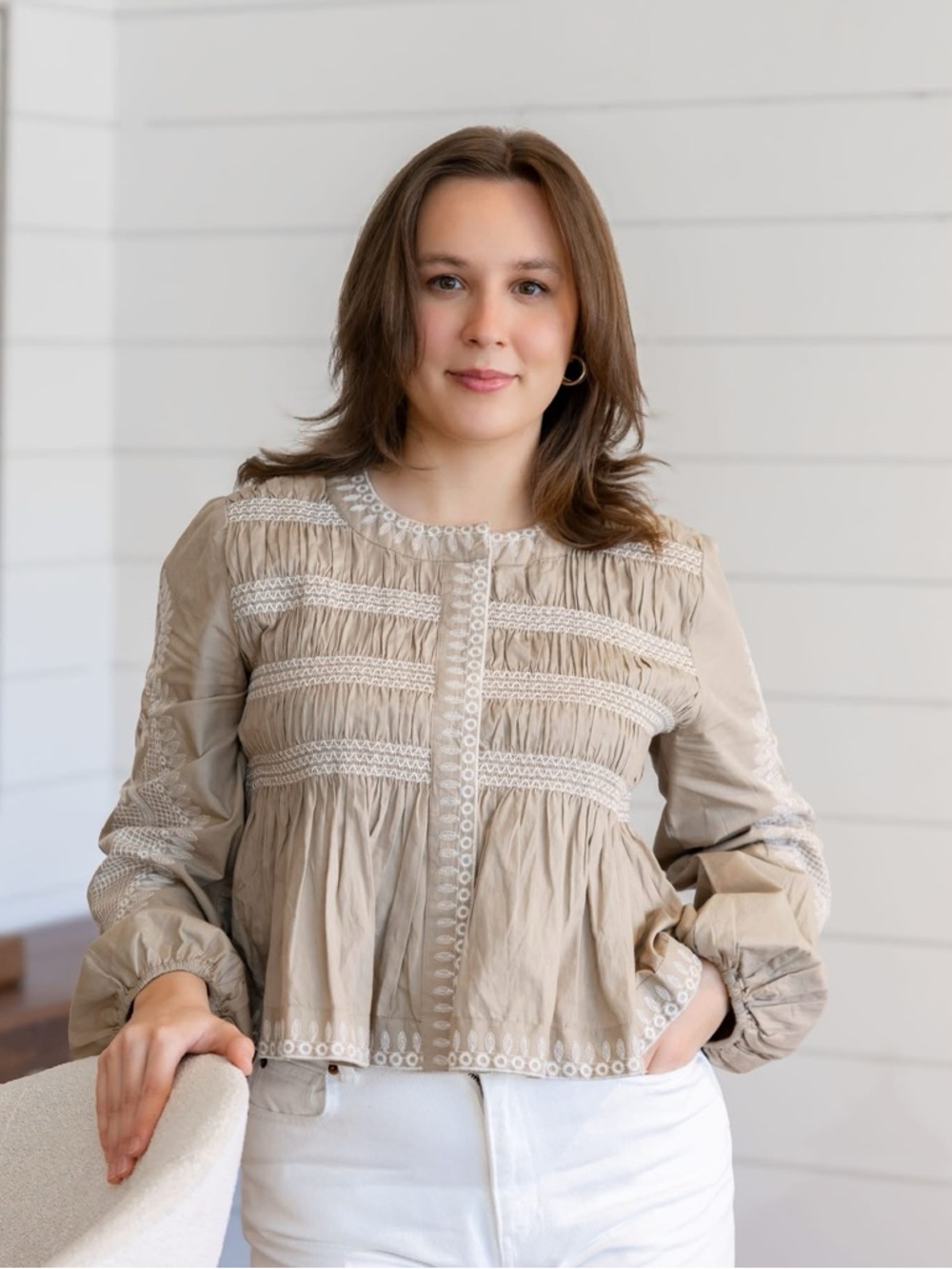 7 For All Mankind Beige Embroidered Boho Top